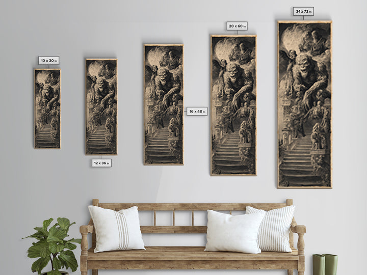 The Monster Family Portrait, Architectural Etching Art, Tall Narrow Wall Art, Dark Halloween Decor, Framed Canvas Print
