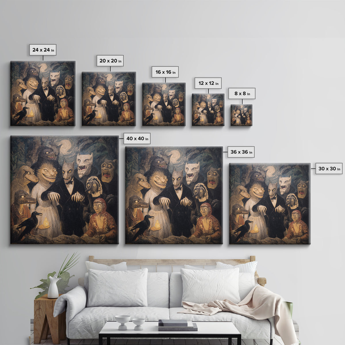 The Monster Family Portrait, Expressionist Gothic Art, Square Wall Art, Dark Halloween Decor, Framed Canvas Print, Halloween Wall Art