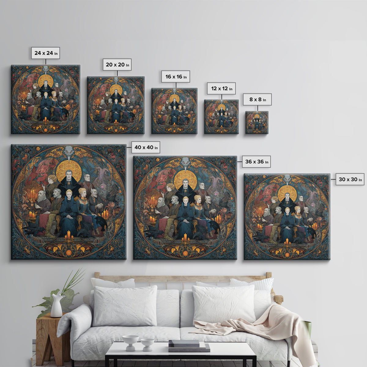 The Monster Family Portrait, Stained Glass Gothic Art, Square Wall Art, Gothic Horror Wall Art, Framed Canvas Print, Halloween Wall Art