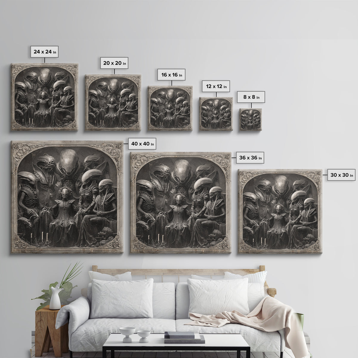 The Monster Family Portrait, Biomechanical Horror Art, Square Wall Art, Macabre Wall Art, Framed Canvas Print, Halloween Wall Art