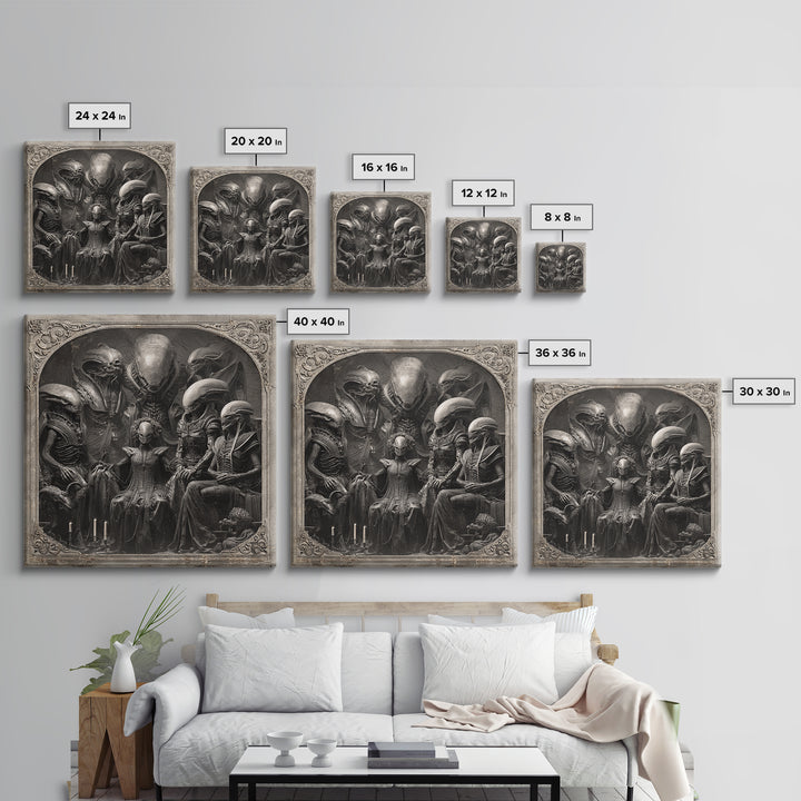 The Monster Family Portrait, Biomechanical Horror Art, Square Wall Art, Macabre Wall Art, Framed Canvas Print, Halloween Wall Art
