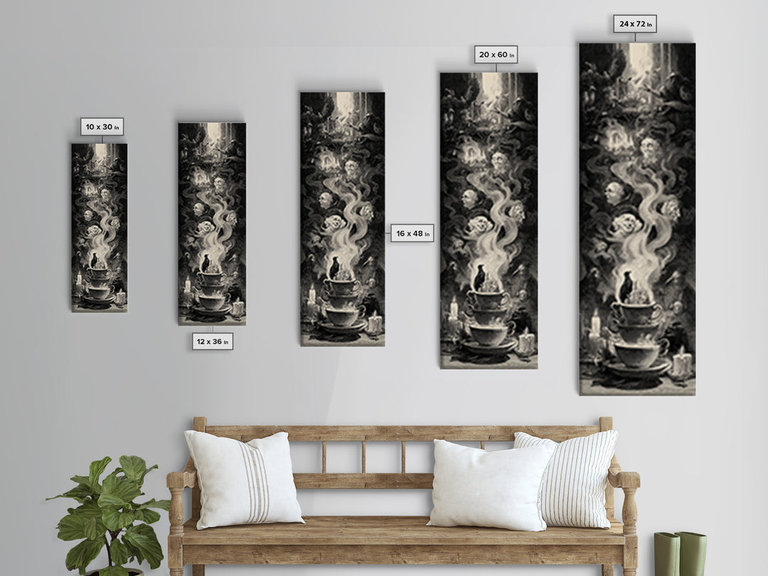 Tiny Ghosts In Teacups, Gothic Engraving Art, Tall Narrow Wall Art, Dark Fantasy Wall Art, Framed Canvas Print, Halloween Wall Art