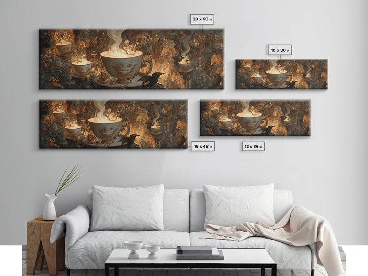 Tiny Ghosts In Teacups, Medieval Grotesque Art, Extra Wide Wall Art, Dark Halloween Decor, Framed Canvas Print, Halloween Wall Art