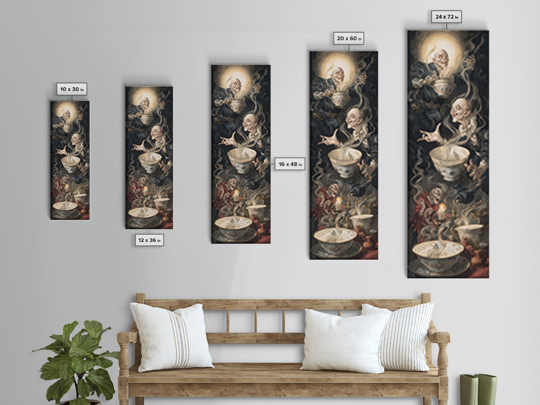 Tiny Ghosts In Teacups, Dark Renaissance Art, Tall Narrow Wall Art, Dark Halloween Decor, Framed Canvas Print, Halloween Wall Art