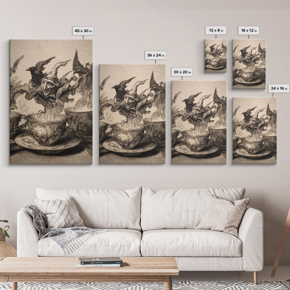 Tiny Ghosts In Teacups, Renaissance Engraving Art, Vertical Wall Art, Dark Fantasy Wall Art, Canvas Print, Halloween Wall Art