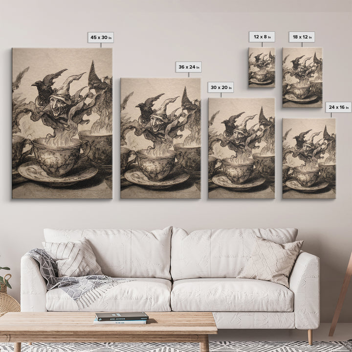 Tiny Ghosts In Teacups, Renaissance Engraving Art, Vertical Wall Art, Dark Fantasy Wall Art, Canvas Print, Halloween Wall Art