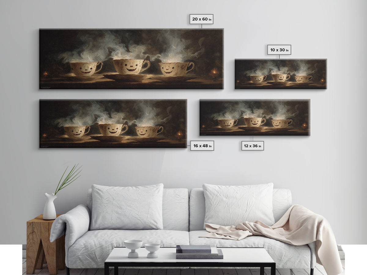 Tiny Ghosts In Teacups, Dark Romantic Horror Art, Extra Wide Wall Art, Macabre Wall Art, Canvas Print, Halloween Wall Art