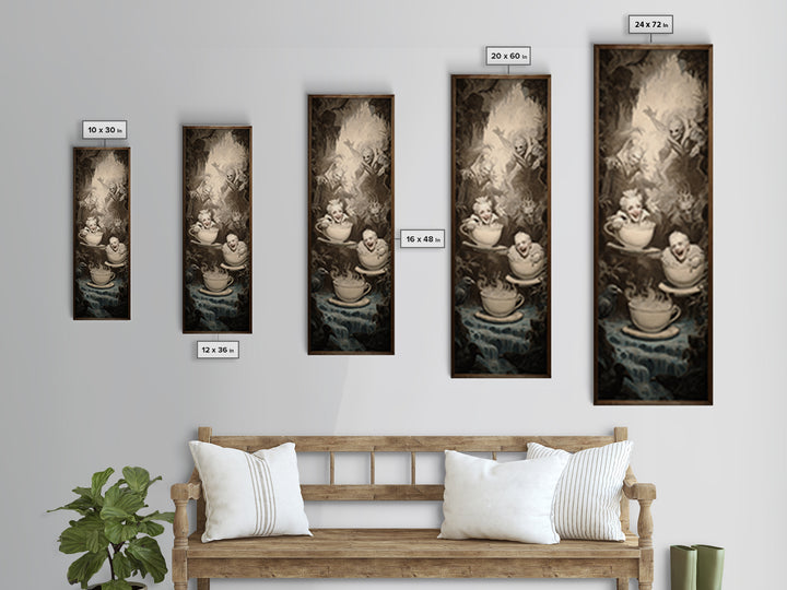 Tiny Ghosts In Teacups, Gothic Nightmare Art, Tall Narrow Wall Art, Macabre Wall Art, Framed Canvas Print, Halloween Wall Art