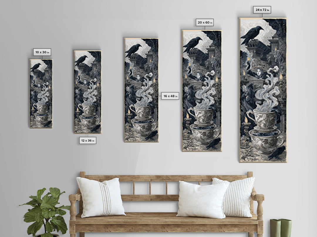 Tiny Ghosts In Teacups, Architectural Etching Art, Tall Narrow Wall Art, Dark Fantasy Wall Art, Framed Canvas Print