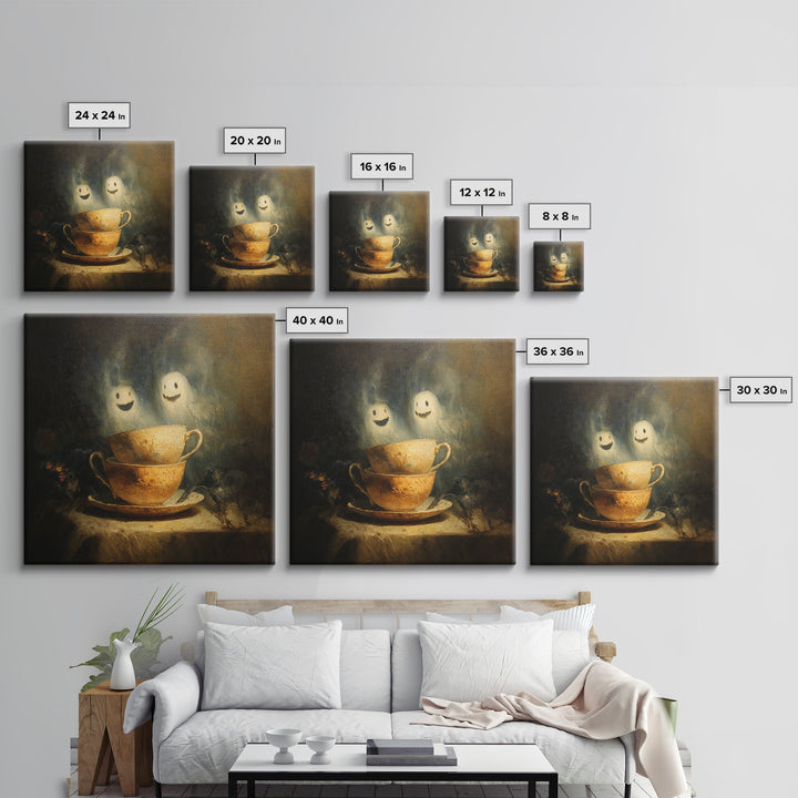 Tiny Ghosts In Teacups, Symbolist Dream Art, Square Wall Art, Dark Halloween Decor, Canvas Print, Halloween Wall Art