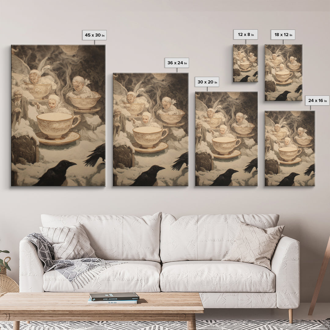 Tiny Ghosts In Teacups, Symbolist Death Art, Vertical Wall Art, Dark Fantasy Wall Art, Canvas Print, Halloween Wall Art