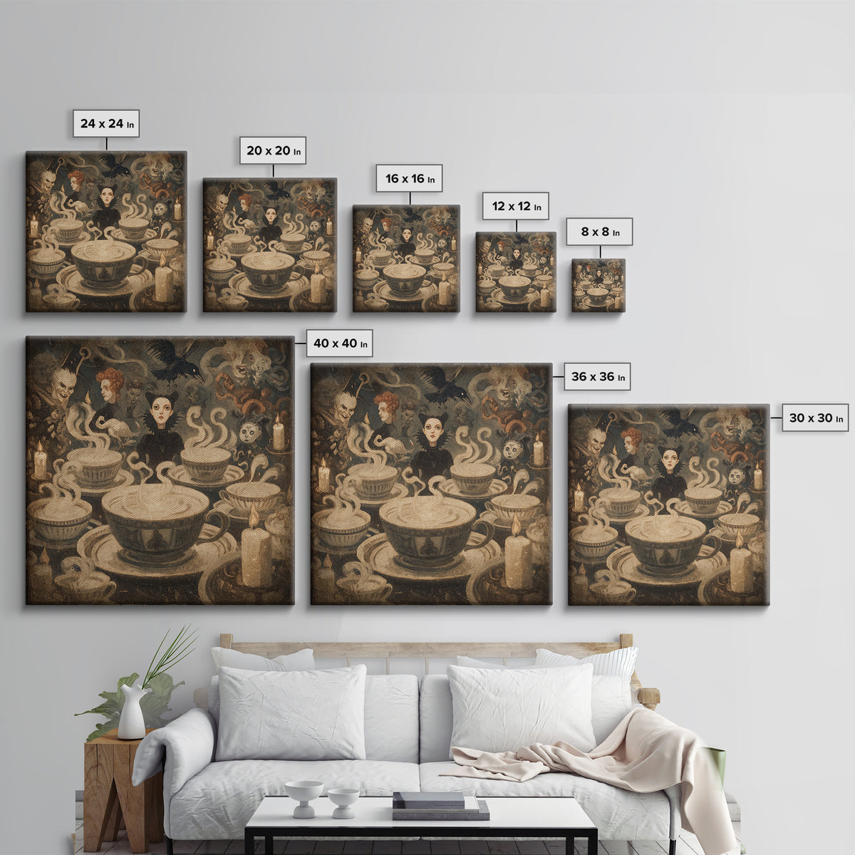 Tiny Ghosts In Teacups, Dark Symbolist Art, Square Wall Art, Gothic Horror Wall Art, Framed Canvas Print, Halloween Wall Art