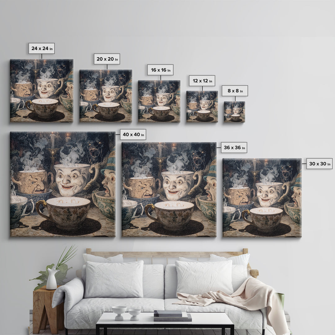 Tiny Ghosts In Teacups, Symbolist Etching Art, Square Wall Art, Dark Fantasy Wall Art, Framed Canvas Print, Halloween Wall Art
