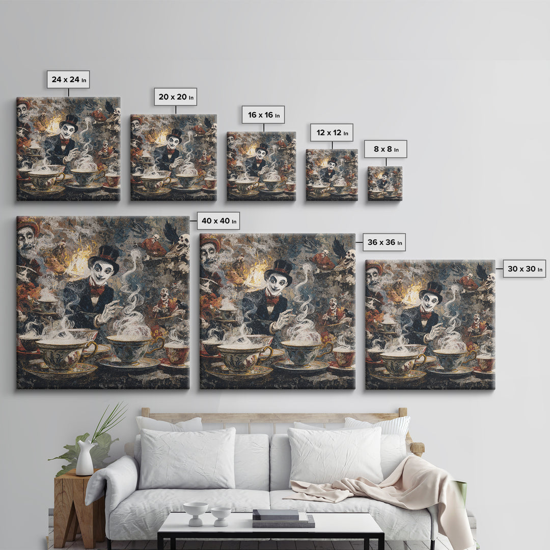 Tiny Ghosts In Teacups, Grotesque Carnival Art, Square Wall Art, Macabre Wall Art, Framed Canvas Print, Halloween Wall Art