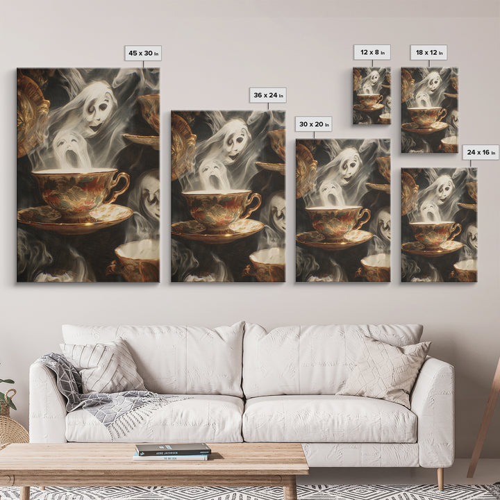 Tiny Ghosts In Teacups, Expressionist Gothic Art, Vertical Wall Art, Dark Fantasy Wall Art, Framed Canvas Print, Halloween Wall Art