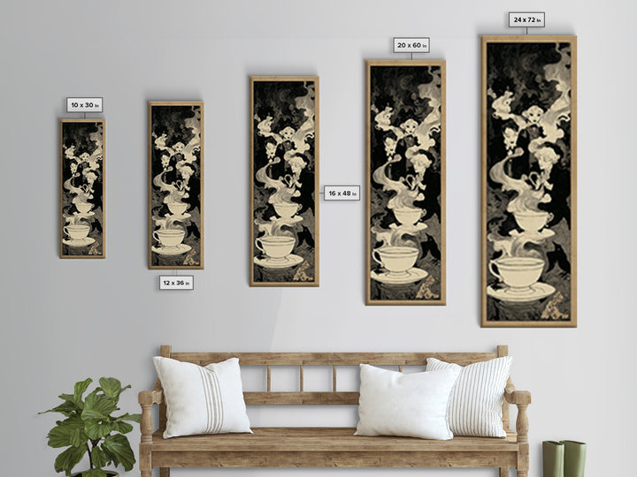 Tiny Ghosts In Teacups, Decadent Line Art, Tall Narrow Wall Art, Macabre Wall Art, Framed Canvas Print, Halloween Wall Art