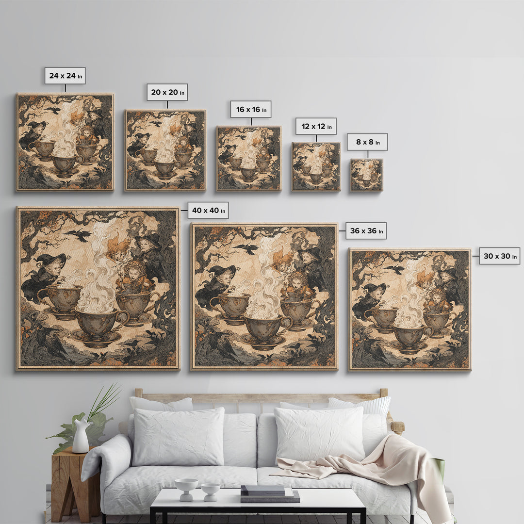 Tiny Ghosts In Teacups, Gothic Storybook Art, Square Wall Art, Macabre Wall Art, Framed Canvas Print, Halloween Wall Art