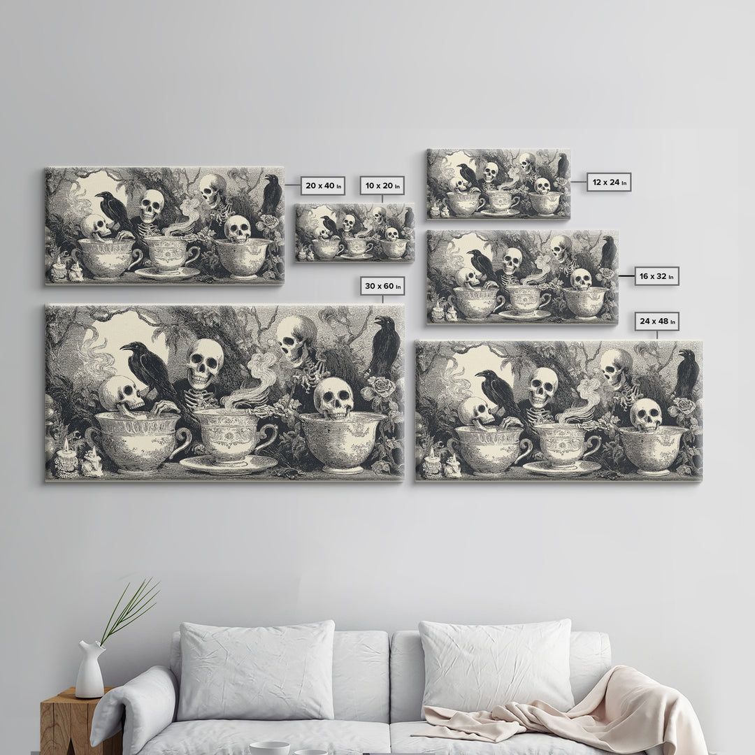 Tiny Ghosts In Teacups, Macabre Folk Print Art, Wide Panoramic Art, Macabre Wall Art, Canvas Print, Halloween Wall Art