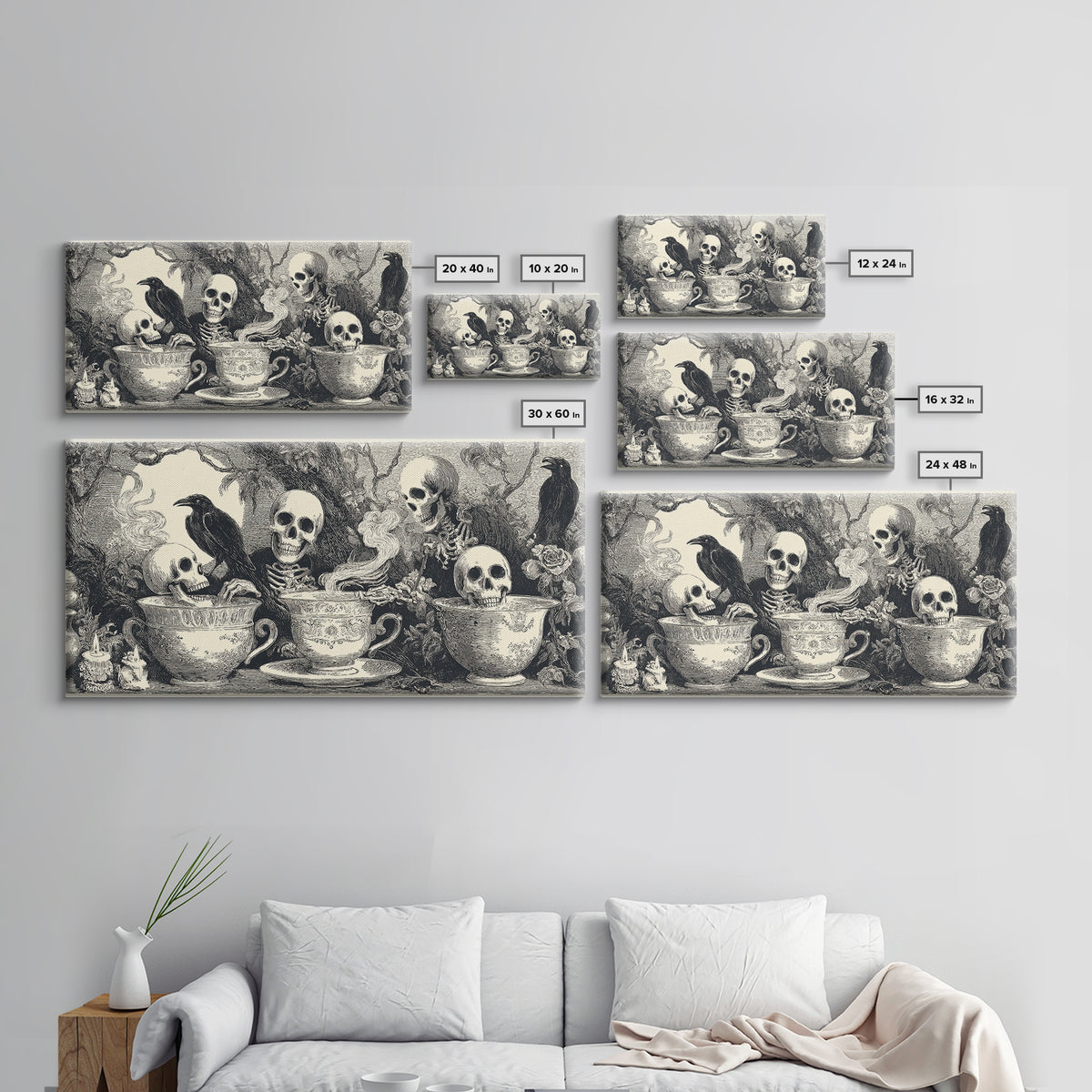 Tiny Ghosts In Teacups, Macabre Folk Print Art, Wide Panoramic Art, Macabre Wall Art, Canvas Print, Halloween Wall Art