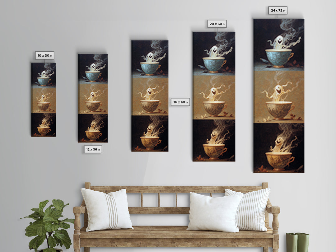 Tiny Ghosts In Teacups, Surreal Apocalyptic Art, Tall Narrow Wall Art, Macabre Wall Art, Canvas Print, Halloween Wall Art