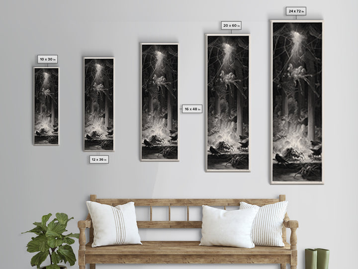 The Spider Sewing Circle, Gothic Engraving Art, Tall Narrow Wall Art, Macabre Wall Art, Framed Canvas Print, Halloween Wall Art