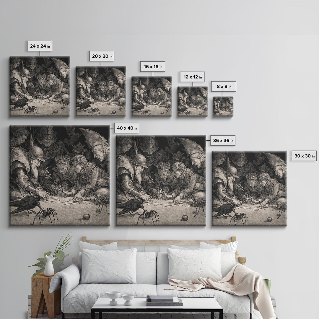 The Spider Sewing Circle, Renaissance Engraving Art, Square Wall Art, Macabre Wall Art, Framed Canvas Print, Halloween Wall Art