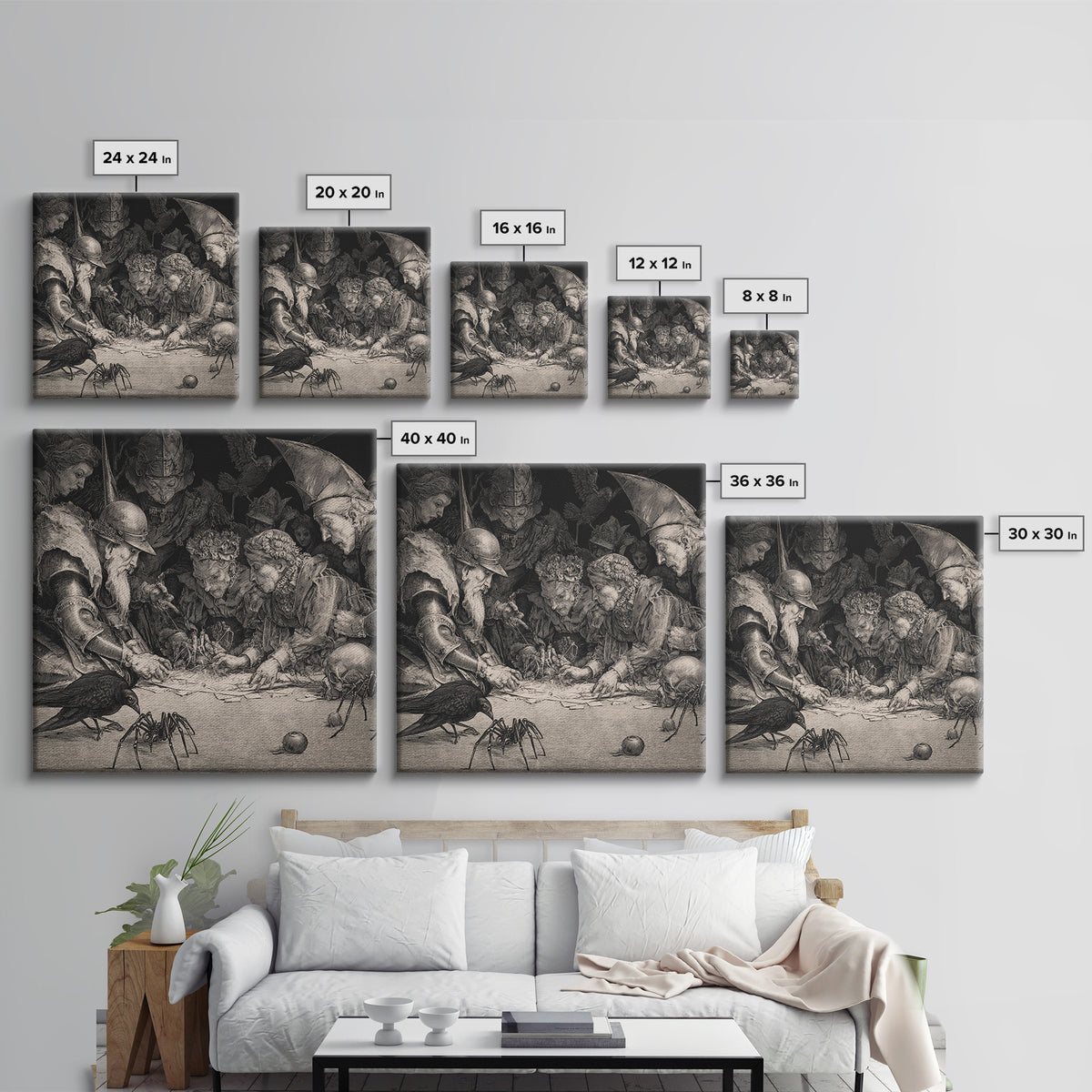 The Spider Sewing Circle, Renaissance Engraving Art, Square Wall Art, Macabre Wall Art, Framed Canvas Print, Halloween Wall Art