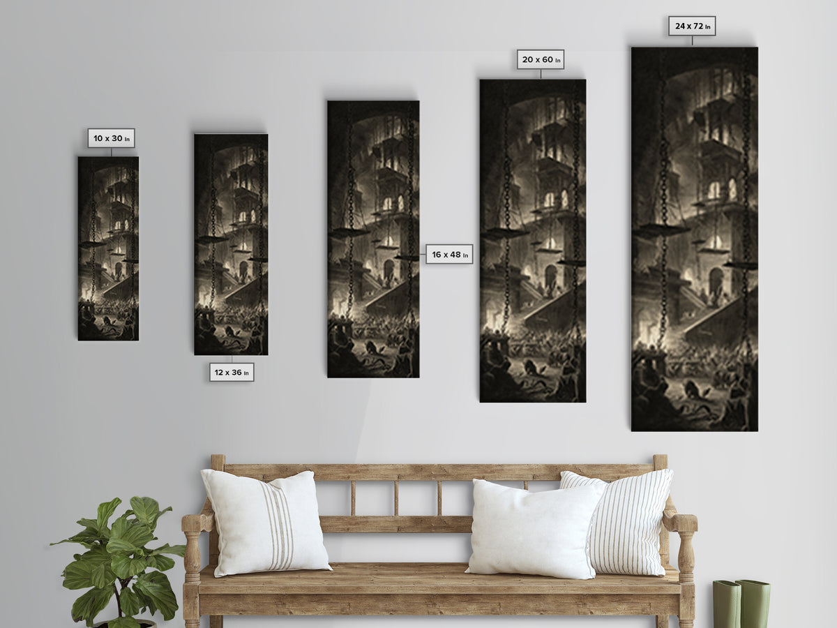 The Spider Sewing Circle, Architectural Etching Art, Tall Narrow Wall Art, Dark Halloween Decor, Canvas Print
