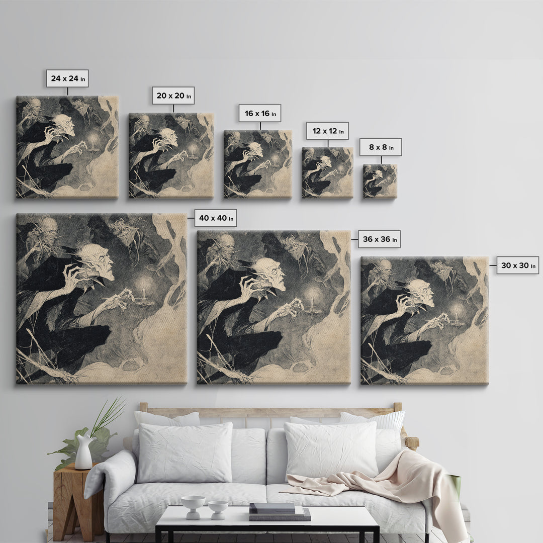 The Spider Sewing Circle, Expressionist Nightmare Art, Square Wall Art, Dark Halloween Decor, Framed Canvas Print, Halloween Wall Art