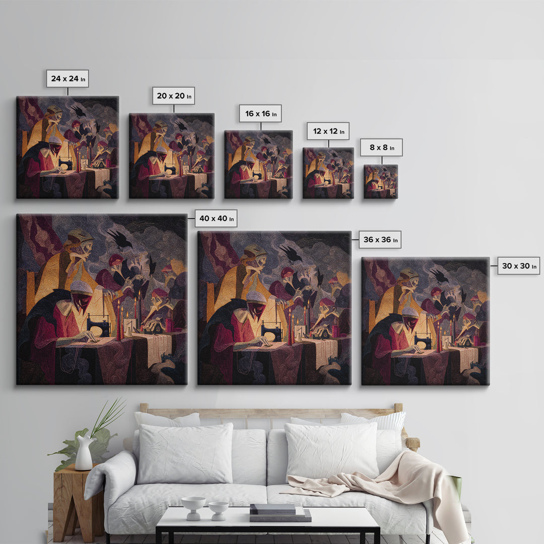 The Spider Sewing Circle, Expressionist Gothic Art, Square Wall Art, Gothic Horror Wall Art, Canvas Print, Halloween Wall Art