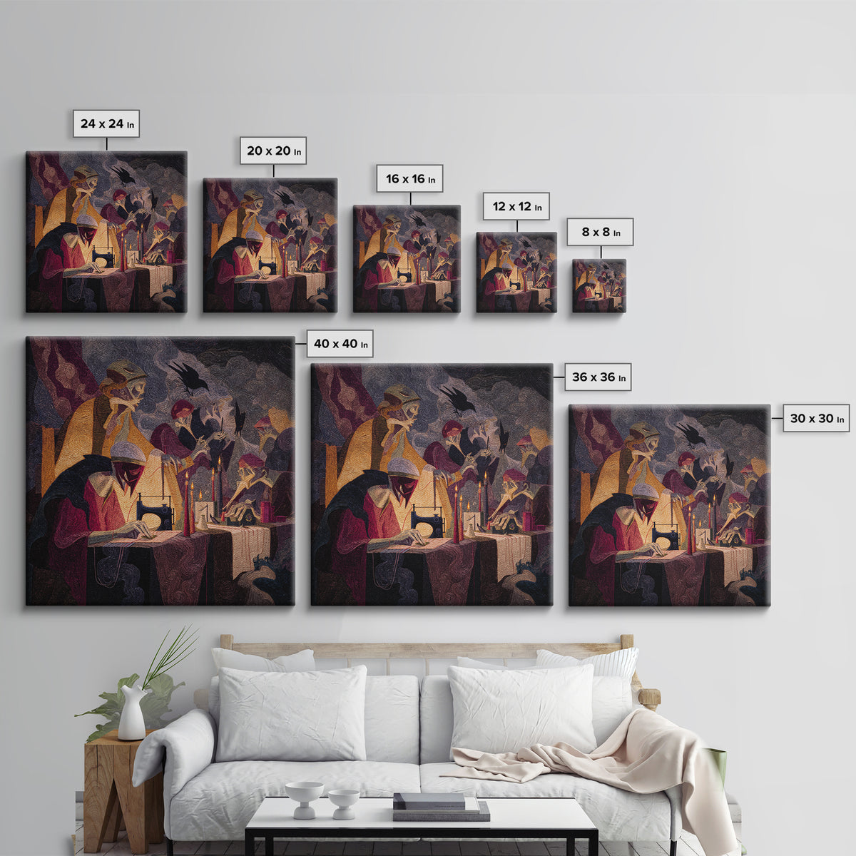 The Spider Sewing Circle, Expressionist Gothic Art, Square Wall Art, Gothic Horror Wall Art, Canvas Print, Halloween Wall Art