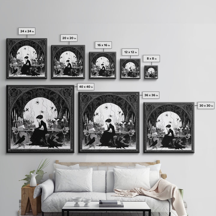 The Spider Sewing Circle, Decadent Line Art, Square Wall Art, Macabre Wall Art, Framed Canvas Print, Halloween Wall Art