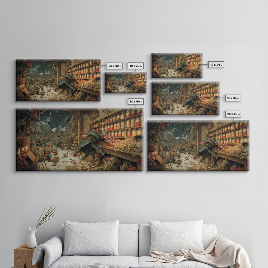 The Goblin Candy Shop, Northern Renaissance Horror, Wide Panoramic Art, Gothic Horror Wall Art, Framed Canvas Print