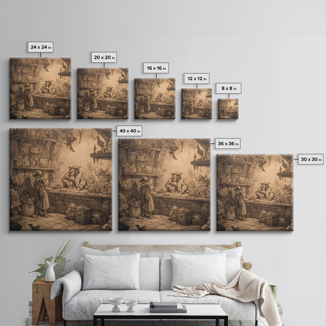 The Goblin Candy Shop, Renaissance Engraving Art, Square Wall Art, Dark Fantasy Wall Art, Framed Canvas Print, Halloween Wall Art
