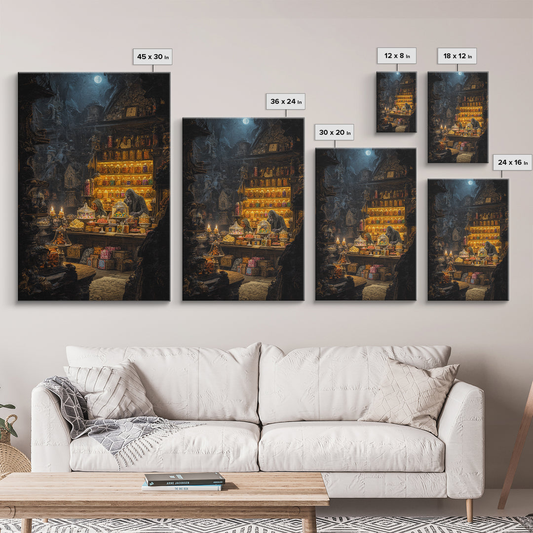 The Goblin Candy Shop, Ornate Symbolist Art, Vertical Wall Art, Macabre Wall Art, Canvas Print, Halloween Wall Art