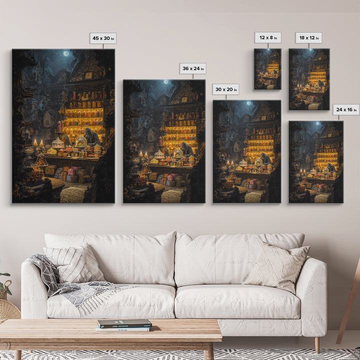 The Goblin Candy Shop, Ornate Symbolist Art, Vertical Wall Art, Macabre Wall Art, Canvas Print, Halloween Wall Art