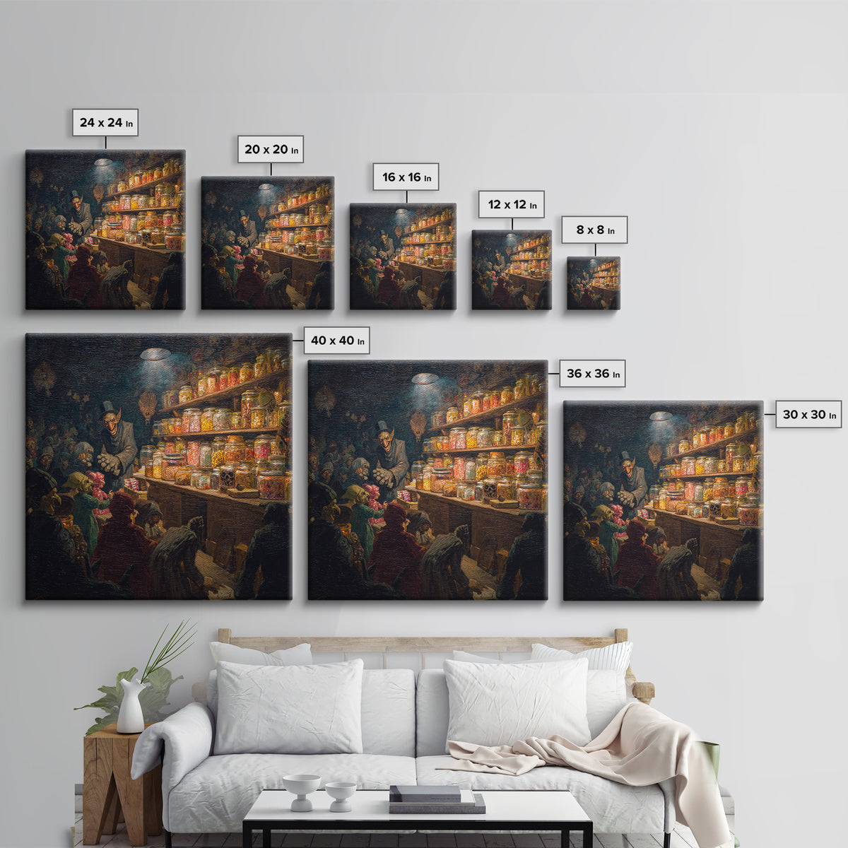 The Goblin Candy Shop, Grotesque Carnival Art, Square Wall Art, Dark Halloween Decor, Canvas Print, Halloween Wall Art