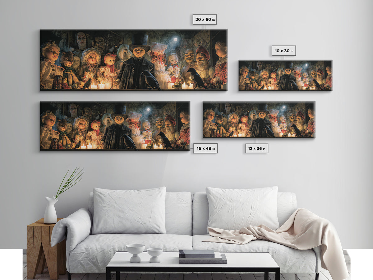The Haunted Toy Parade, Expressionist Gothic Art, Extra Wide Wall Art, Dark Halloween Decor, Framed Canvas Print, Halloween Wall Art