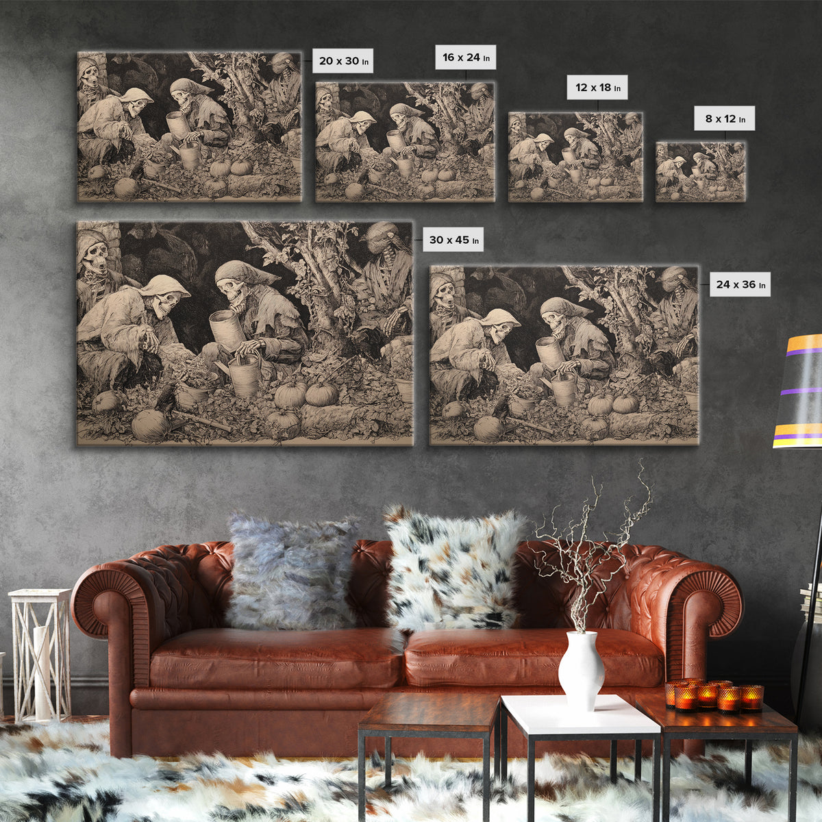 The Skeleton Gardeners, Renaissance Engraving Art, Landscape Wall Art, Dark Fantasy Wall Art, Canvas Print, Halloween Wall Art