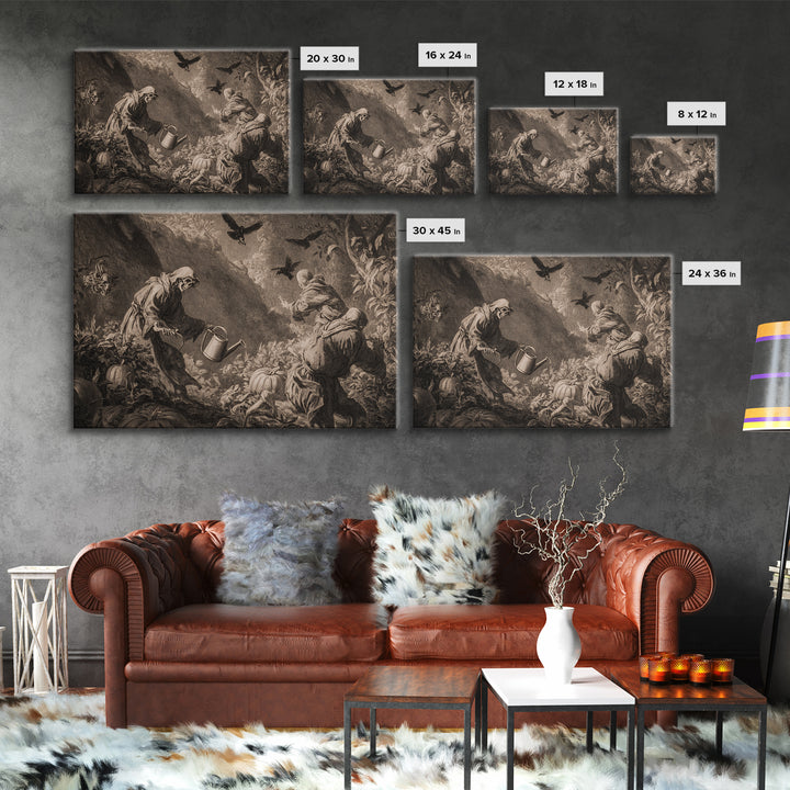 The Skeleton Gardeners, Baroque Witchcraft Art, Landscape Wall Art, Dark Fantasy Wall Art, Canvas Print, Halloween Wall Art