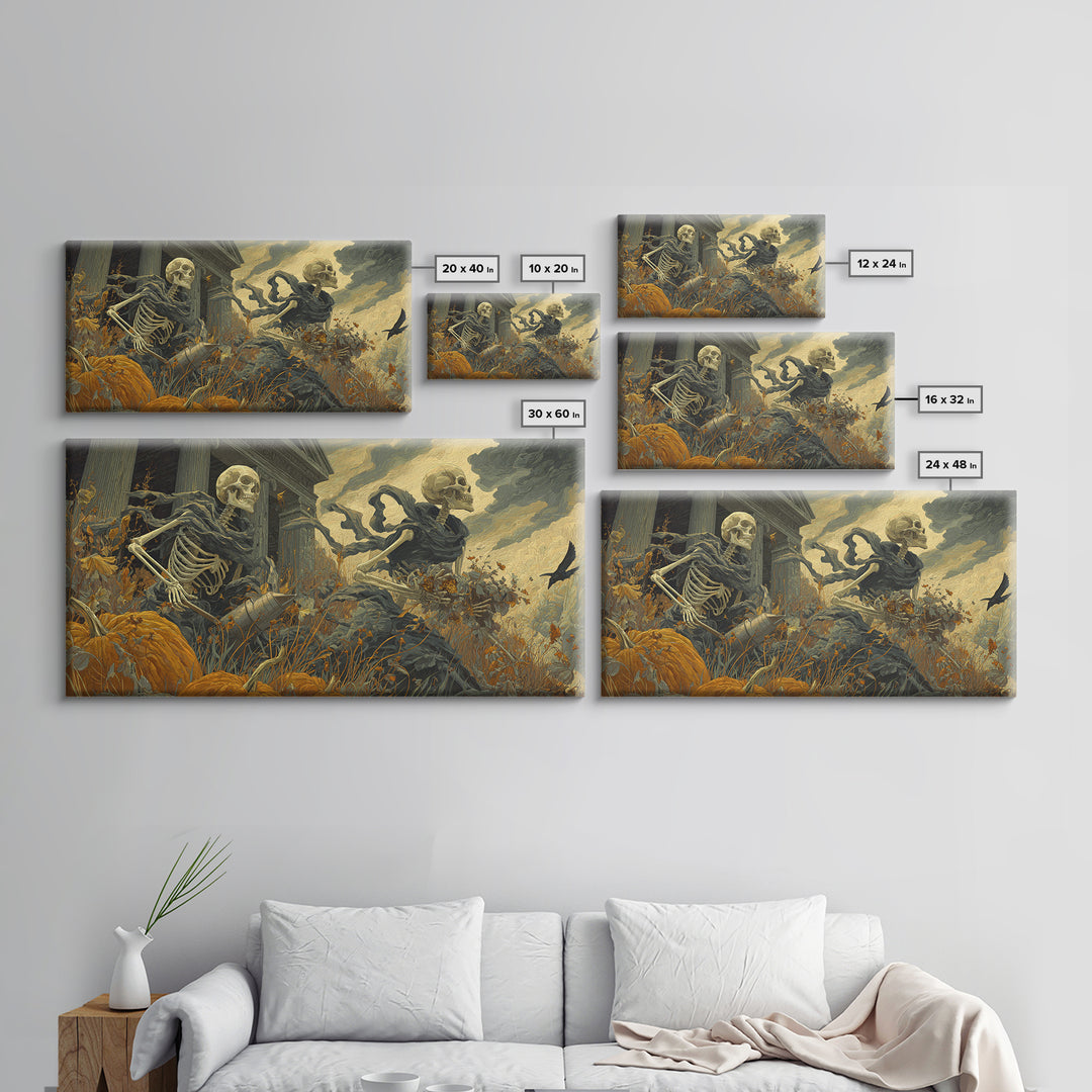 The Skeleton Gardeners, Apocalyptic Romantic Art, Wide Panoramic Art, Gothic Horror Wall Art, Framed Canvas Print, Halloween Wall Art