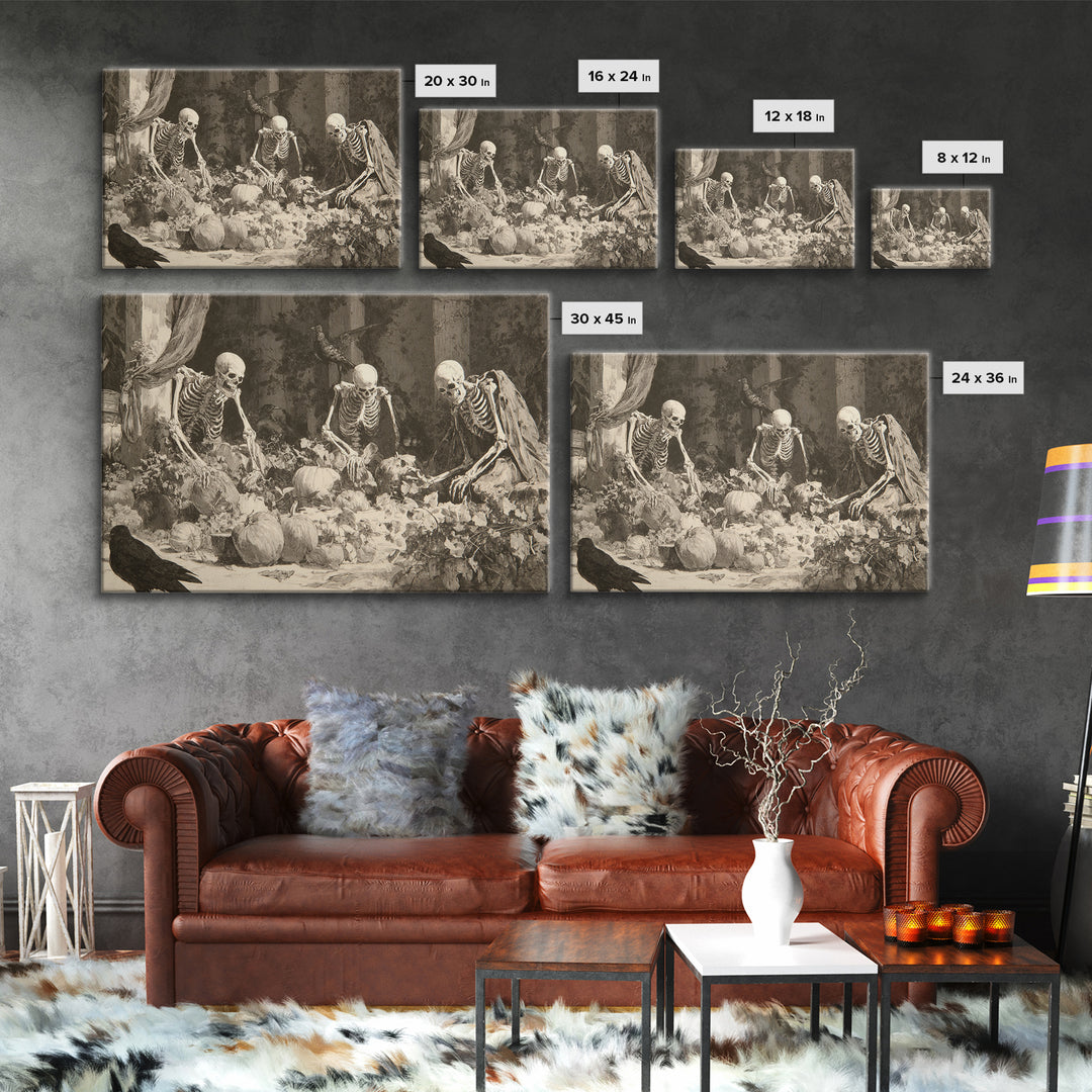 The Skeleton Gardeners, Decadent Gothic Art, Landscape Wall Art, Gothic Horror Wall Art, Framed Canvas Print, Halloween Wall Art