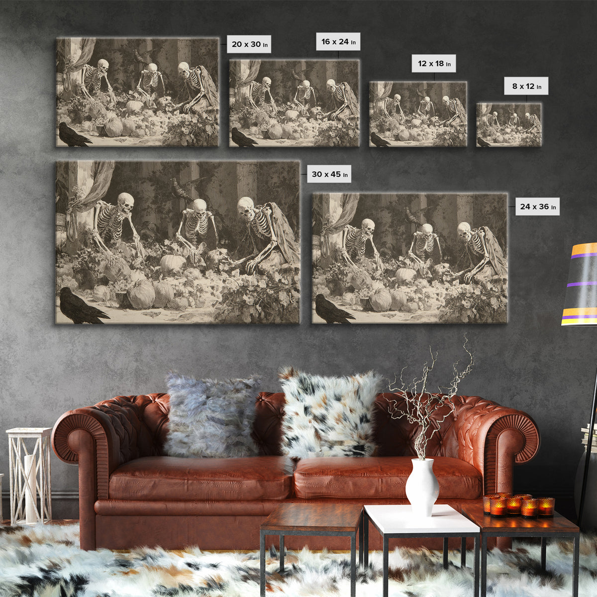 The Skeleton Gardeners, Decadent Gothic Art, Landscape Wall Art, Gothic Horror Wall Art, Framed Canvas Print, Halloween Wall Art