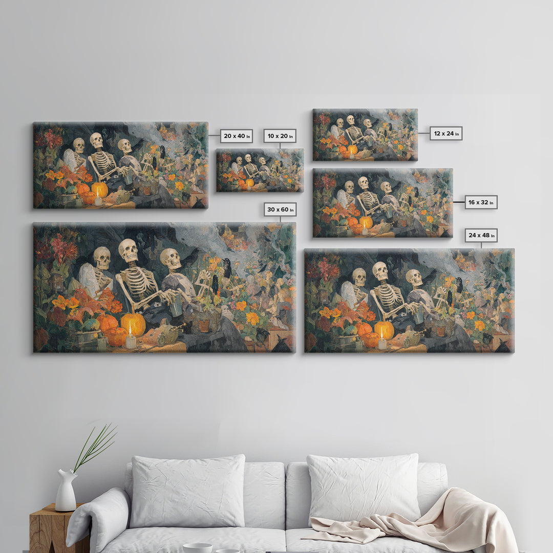 The Skeleton Gardeners, Grotesque Carnival Art, Wide Panoramic Art, Gothic Horror Wall Art, Framed Canvas Print, Halloween Wall Art