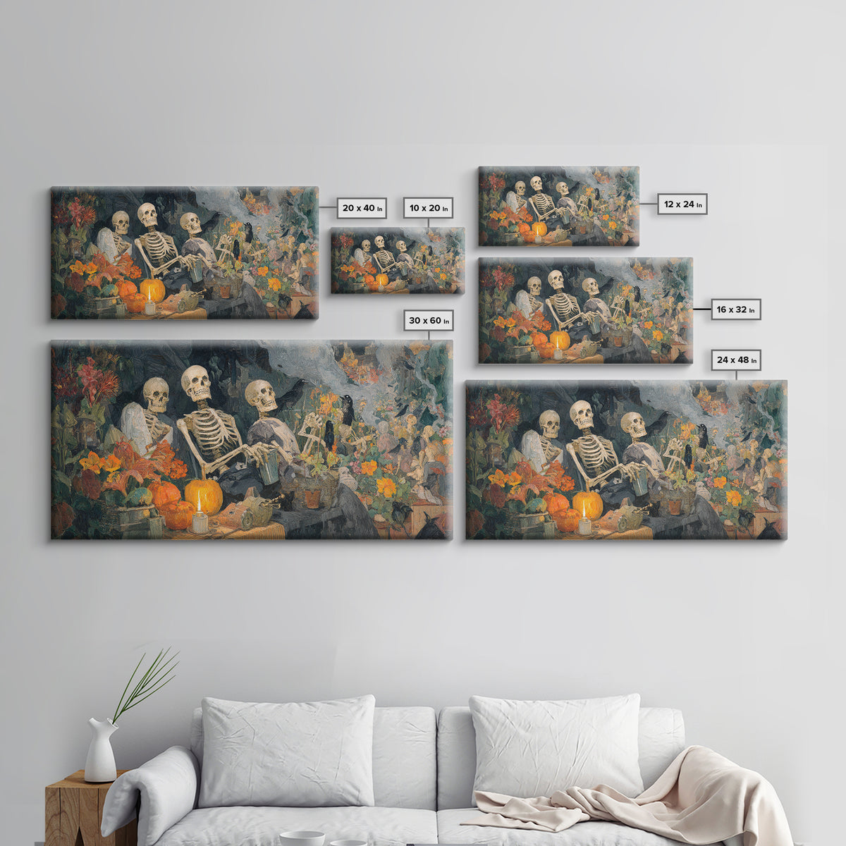 The Skeleton Gardeners, Grotesque Carnival Art, Wide Panoramic Art, Gothic Horror Wall Art, Framed Canvas Print, Halloween Wall Art