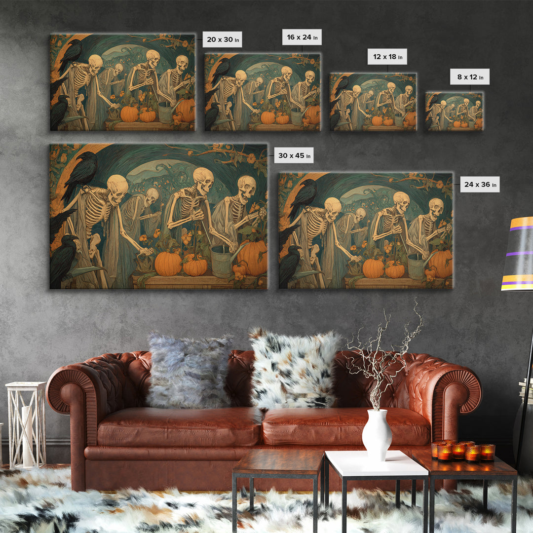 The Skeleton Gardeners, Expressionist Gothic Art, Landscape Wall Art, Dark Fantasy Wall Art, Framed Canvas Print, Halloween Wall Art