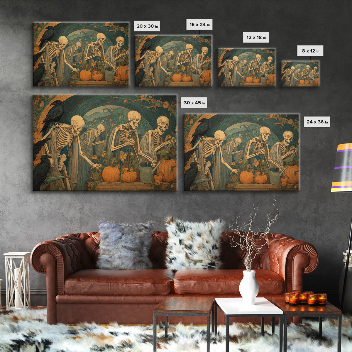 The Skeleton Gardeners, Expressionist Gothic Art, Landscape Wall Art, Dark Fantasy Wall Art, Framed Canvas Print, Halloween Wall Art