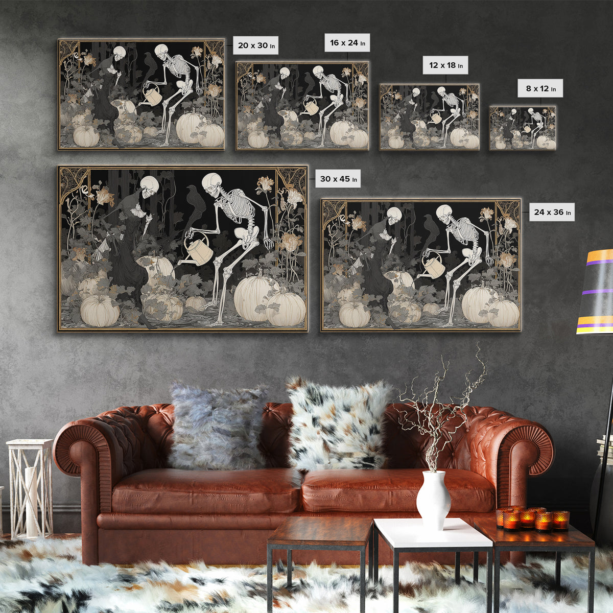 The Skeleton Gardeners, Decadent Line Art, Landscape Wall Art, Gothic Horror Wall Art, Framed Canvas Print, Halloween Wall Art