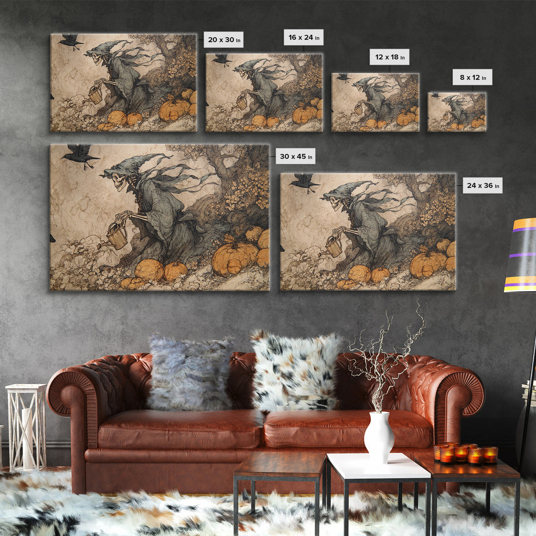 The Skeleton Gardeners, Gothic Storybook Art, Landscape Wall Art, Gothic Horror Wall Art, Canvas Print, Halloween Wall Art