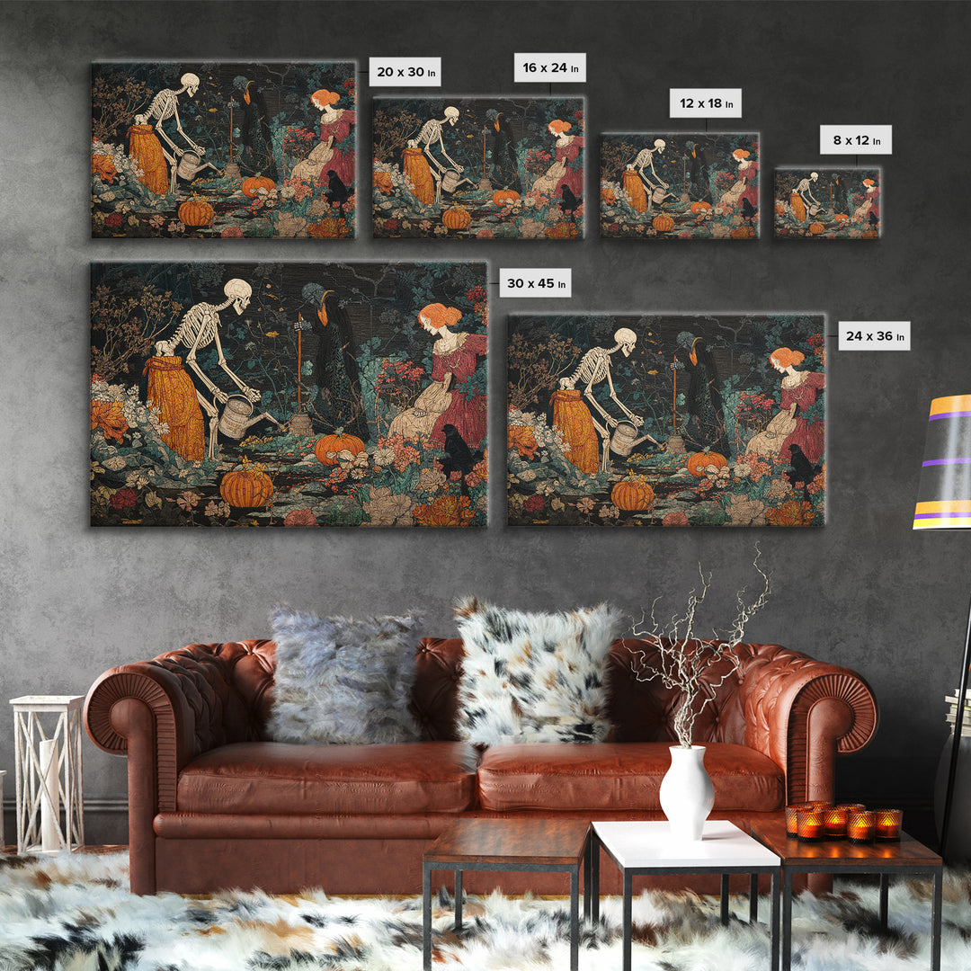The Skeleton Gardeners, Stained Glass Gothic Art, Landscape Wall Art, Gothic Horror Wall Art, Canvas Print, Halloween Wall Art